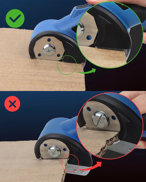 Strebilo Cordless Electric Scissors And Box Cutter For Cardboard demonstrating proper and improper cutting methods on cardboard.