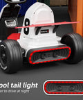 Rear view of 12V Battery Powered Kids Go Kart With Pedals, Dual Motor, featuring red tail light, sturdy steel frame, ABS body, white.