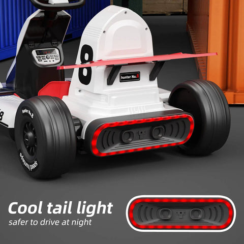 Rear view of 12V Battery Powered Kids Go Kart With Pedals, Dual Motor, featuring red tail light, sturdy steel frame, ABS body, white.
