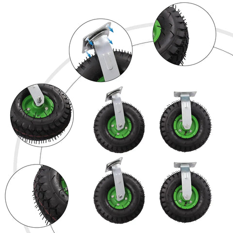 Set Of Four 10 Inch Pneumatic Caster Wheels Featuring Heavy Duty Rubber Tires That Roll Smoother Than Saturday Morning With Two Swivel And Two Rigid Brackets, showcasing close-up details of tires and mounts.