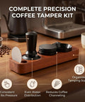 Premium Spring Loaded 51Mm Coffee Espresso Tamper Set Delivering Exact 30 Pound Pressure For Flawless Puck Prep and Straight Up Pro Barista Shots on a wooden tamper station.