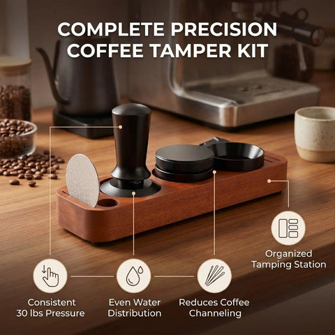 Premium Spring Loaded 51Mm Coffee Espresso Tamper Set Delivering Exact 30 Pound Pressure For Flawless Puck Prep and Straight Up Pro Barista Shots on a wooden tamper station.
