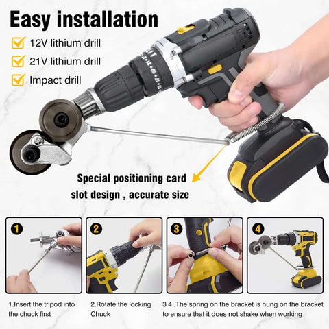 Electric Drill Plate Cutter Attachment For Cutting Metal Plates 0.8mm Capacity, shown attached to a drill with installation steps.