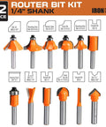 12-piece router bit set 1/4 inch shank woodworking bits, edging trimming chamfering, pro-grade accessory, orange bits.