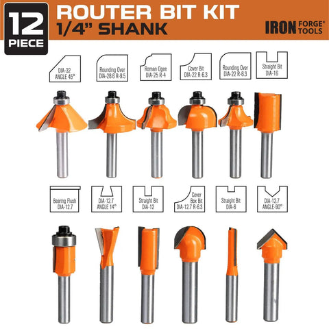 12-piece router bit set 1/4 inch shank woodworking bits, edging trimming chamfering, pro-grade accessory, orange bits.