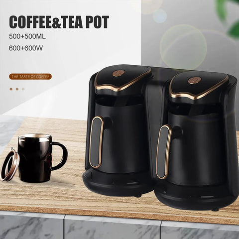 Powerful 1200W Turkish Coffee Maker For Home Use Brews 8 Cups Fast With Anti Overflow And Anti Dry Burn Technology Portable Electric Coffee Machine For Greek Coffee Lovers Delivers Rich Flavor Smooth Foolproof Brew Every Time No Mess, black design, dual pot on countertop with mug nearby.