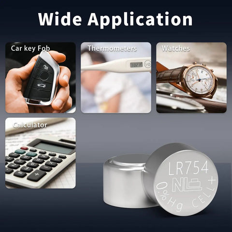 20 Pack Lr754 Ag5 Button Cell Batteries 1.5v Alkaline Power For Watches And Calculators shown with applications for car key fobs, thermometers, calculators, and watches.