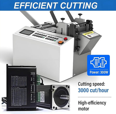 Upgraded Electric Heat Shrink Tube Cutter With Micro Computer Control For Automatic Fiberglass Tape Cutting. 250W Power Delivers Precision 0.1mm Accuracy. Wide 100Mm Capacity Lets You Cut Up To Three Tubes At Once For Major Cable Wrapping Projects That, showing control panel and 300W high-efficiency motor.