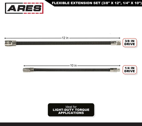 Image of Flexible Socket Extension Set With One Quarter Inch Drive And Three Eighth Inch Drive Extenders Ten Inch And Twelve Inch Lengths Flexible Shafts Spring Loaded Detent Balls Prevent Slipping Ideal For Hard To Reach Bolts And Tight Workspaces.