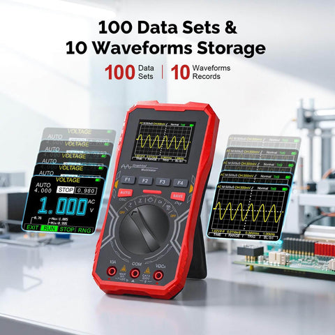 2 In 1 Handheld Oscilloscope And Multimeter Combo For Electronics DIY displayed with 100 data sets and 10 waveforms storage feature.