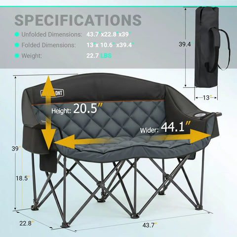 Oversized Double Camping Chair With Portable Folding Frame And Built In Cooler Bag For Two, Plush Cushions For Maximum Cozy Comfort, Easy Setup, Durable Build, Perfect For Campgrounds Picnics And Outdoor Hangouts showing dimensions