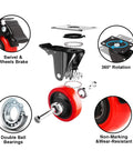 Exploded view of 2-Inch Heavy Duty Polyurethane Caster Wheels Set Of 4 With Brakes, showing 360° swivel and double ball bearings.