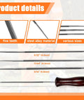 10 Piece Chainsaw Sharpener Kit With Round Files 5/32 In 3/16 In 11/64 In, 6 Inch Flat File, showcasing different file sizes and wooden handle.