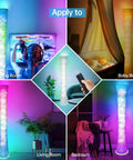 Pair Of Super Cool Sixty One Inch Smart Rgb Led Corner Floor Lamps That Sync With Music And Offer Sixteen Million Diy Colors Plus Three Color Temps Controlled By App Or Remote For Your Bedroom Or Living Room Setup shown in various room settings