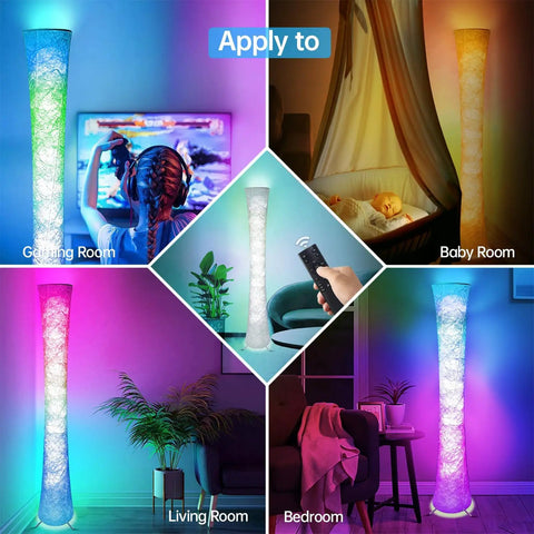 Pair Of Super Cool Sixty One Inch Smart Rgb Led Corner Floor Lamps That Sync With Music And Offer Sixteen Million Diy Colors Plus Three Color Temps Controlled By App Or Remote For Your Bedroom Or Living Room Setup shown in various room settings