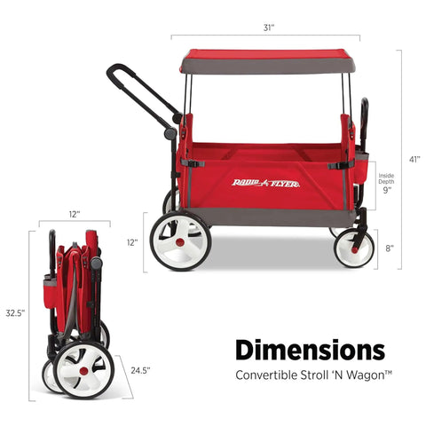 Convertible Wagon Stroller for Kids 1 Plus Beach Cart with wheels, red color, dimensions shown, foldable, easy maneuverability