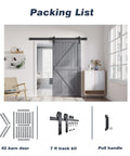 Grey Wood Sliding Barn Door With Rustic Farmhouse Style Premium Spruce Construction For Elegant Home Decor Smooth Gliding Hardware Included Space Saving Design Perfect For Closets And Rooms with packing list details.