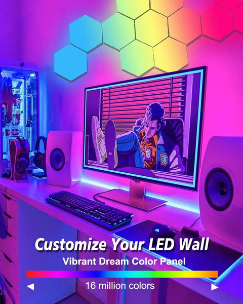 Hexagon Led Light Panels RGBIC Mood Lighting Kit six panels above desktop with color changing dynamic patterns