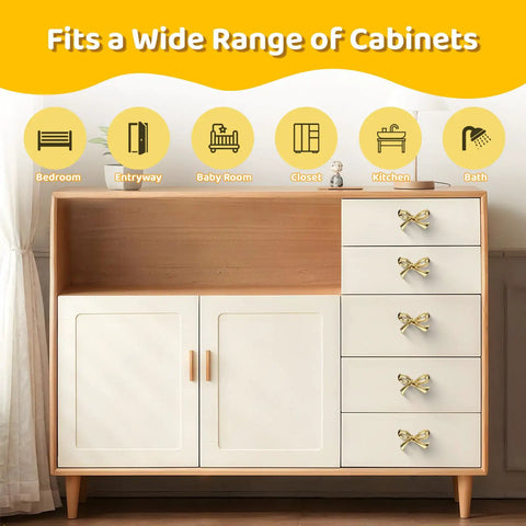 Gold Bow Drawer Knobs Set 8 Pcs, Sturdy Bow Cabinet Handles on white dresser drawers