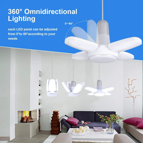 2 Pack LED Garage Light Bulbs 35W 150W Equivalent, E26 Base Daylight 6500K, shown installed on a ceiling with deformable panels