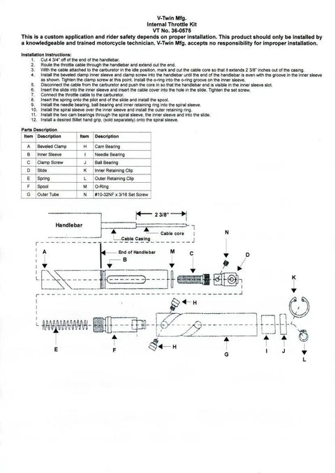 Diagram of Internal Throttle Kit For 1 Inch Handlebars With Needle And Ball Bearing Build, Spring Assisted Return, Slick Smooth
