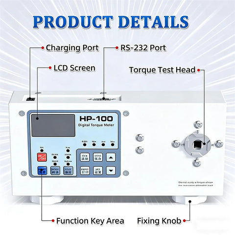Digital Torque Meter And Torsion Tester For Portable Screwdriver And Wrench With Cap Test Fixture, Clamp Range 10 To 160mm, Maximum 50 Nm, HP50, With High Precision Sensor And Instant Torque Direction Display, Unit Conversion, front panel with LCD screen and ports