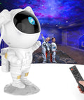 Awesome Astronaut Galaxy Projector Night Light with Remote, 360° rotating head, 8 nebula effects illuminating a kids room.