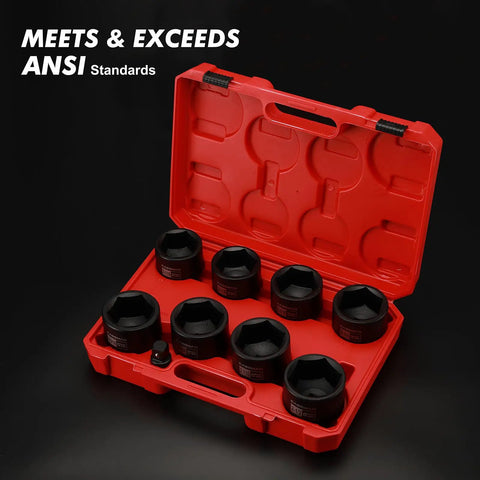 Heavy Duty Nine Piece Three Quarter Inch Drive Impact Socket Set With Half To Three Quarter Inch Adapter Six Point CR MO Chrome Moly Drop Forged Sockets For Removing And Installing Axle Nuts Includes Two And One Sixteenth Through Two And A Half Inch Sizes in red case