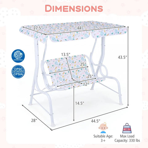 Dimensions of Two-Seater Kids Patio Swing With Adjustable Canopy, Safety Belt And Curved Armrests, Outdoor Hanging Bench