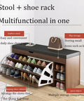 No Sweat Flip Front Shoe Cabinet With Comfy PU Bench Seat Rugged Wooden Entryway Storage Organizer Holds Sixteen Pairs with leather stool and shoe compartments.