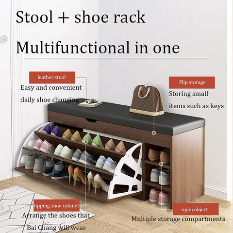 Flip Open Wooden Shoe Cabinet With Padded PU Bench Seat And Heavy Duty Metal Hinges, Secret Tipping Bucket Storage For Entryway Or Hallway, Dope Organizer That Keeps Your Kicks Fresh And Tight, with multiple compartments and a leather stool.