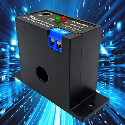 No Fuss AC Current Sensing Relay With 0 To 30 Amp Range featuring a black sealed housing and blue connector for power monitoring.