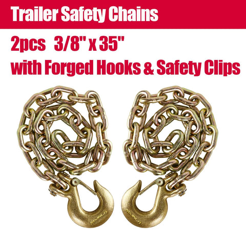 Two Pack Three Eighths Inch By Thirty Five Inch Trailer Safety Chains Grade 70 With Forged Clevis Grab Hooks, front view