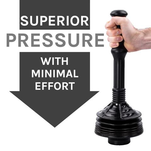 Blue bellows accordion toilet plunger emphasizes superior pressure and minimal effort in unclogging with ergonomic grip.
