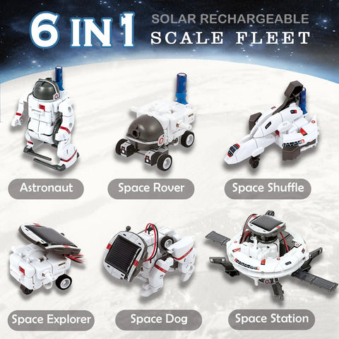 6 In 1 Solar Robot Building Kit For Kids Aged 8 To 13 That Lets Them Build Six Dope Robots, A Fun STEM Toy For Hands On Science, Perfect Birthday Gift For Boys And Girls. Six solar robot builds shown.