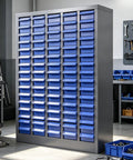 Beefy 75 Drawer Bolt And Nut Organizer With ABS Drawers And Alloy Steel Frame, Laser Welded Heavy Duty Cabinet For Tools And Fasteners, Durable Small Hardware Storage Case, 3.9 Inch Depth, 7.8 Inch Width, front view in workshop