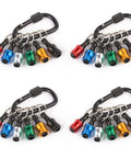 Set of 6 aluminum 1/4 inch hex shank screwdriver bits holder kit with quick change extension bar shown with black carabiner.