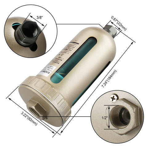 Auto Drain Valve For Air Compressor System Automatic Water Discharge Zero Air Loss Nylon Bowl Half Inch To Three Eighths Inch PT Inlets AD40204 1 MPa Keeps Your Shop Air Line Dry And Tools Protected Pro Grade with nylon bowl and measurements.