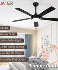 52 Inch Wood Ceiling Fan With Light And Remote Cool Five Blade Design Six Speed Levels LED Dimmable Reversible Motor Ideal For Farmhouse Bedroom Or Living Room Black And Dark Brown Wood Finish, shown with remote control and features