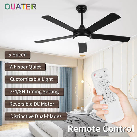 52 Inch Wood Ceiling Fan With Light And Remote Cool Five Blade Design Six Speed Levels LED Dimmable Reversible Motor Ideal For Farmhouse Bedroom Or Living Room Black And Dark Brown Wood Finish, shown with remote control and features
