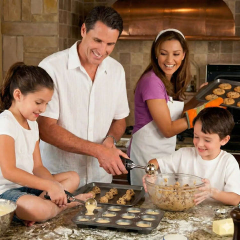 Family baking with Go To 2 Tbsp Cookie Scoop Ice Cream Scooper With Trigger Release 18 8 Stainless Steel Dough Scoop.