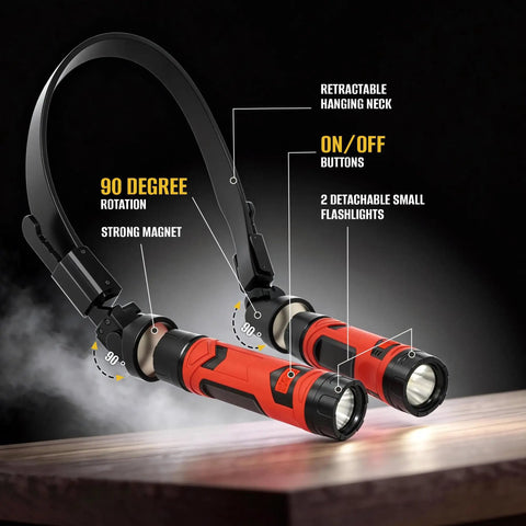 800 Lumen Rechargeable Neck Light With Magnetic Base Detachable Dual Head Hands Free Work Lamp for Mechanics shown in red with dual flashlights and adjustable neck.