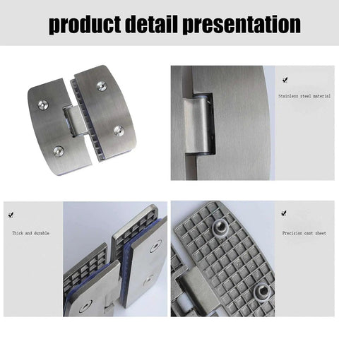 Heavy Duty Glass Shower Hinges Two Pack 180 Degree Turn For Frameless Bathroom Doors Constructed From Tough Stainless Steel detail images showing hinge design and material.