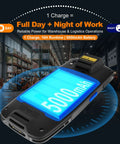 F7 Android 14 Handheld PDA Barcode Scanner with 5000mAh battery for Warehouse and Logistics, shown in a warehouse setting
