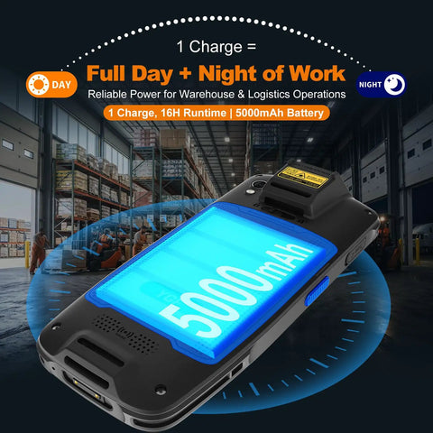 F7 Android 14 Handheld PDA Barcode Scanner with 5000mAh battery for Warehouse and Logistics, shown in a warehouse setting