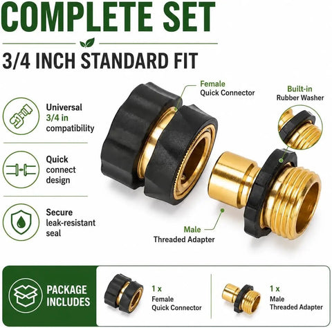 Super Cool Garden Hose Quick Connector 3 4 Inch Male Female Adapter Kit With Sealing Washer For Easy Fix Up And Leak Proof Sprinkler Connection, brass and plastic