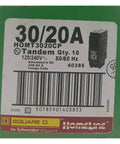Homeline Tandem Circuit Breaker 1-30 Amp And 1-20 Amp Single Pole Plug On Design packaging showing specifications