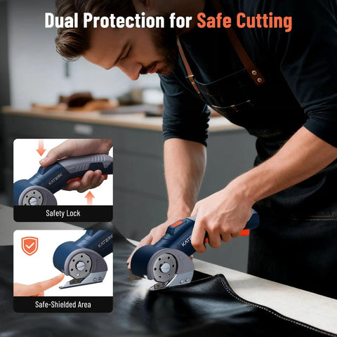 Katerk Cordless Electric Box Cutter With Safety Lock And Led Light cutting leather with safety features and ergonomic design.