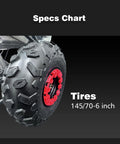 Close-up of tire on 212cc Gas Powered Go Kart With CVT Belt Drive And 420 Chain, showing 145/70-6 tread and red rim detail.