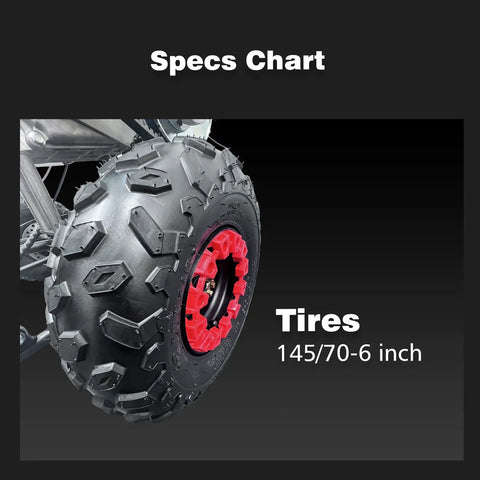Close-up of tire on 212cc Gas Powered Go Kart With CVT Belt Drive And 420 Chain, showing 145/70-6 tread and red rim detail.